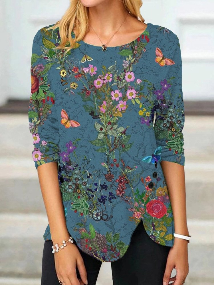 Loose Long Sleeve Notched Floral Fashion Regular Blouse