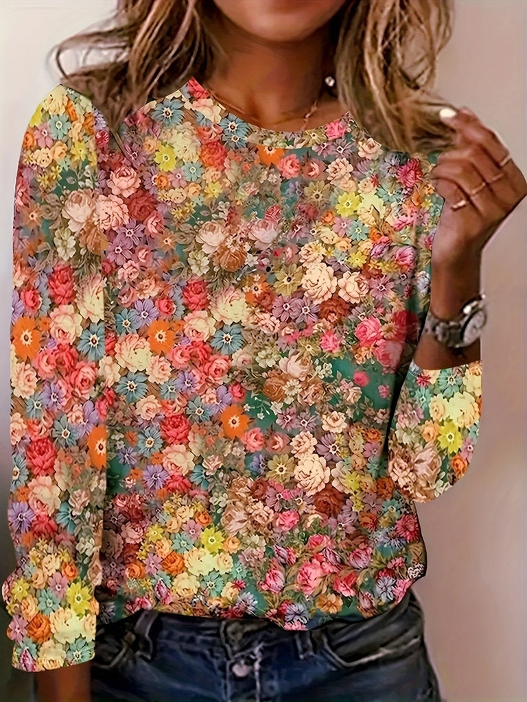 Fashion Crew Neck Long Sleeve Floral Casual Regular T-Shirt