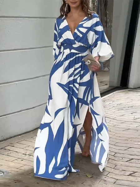 Fashion Half Sleeve V Neck Geometric Maxi Dress