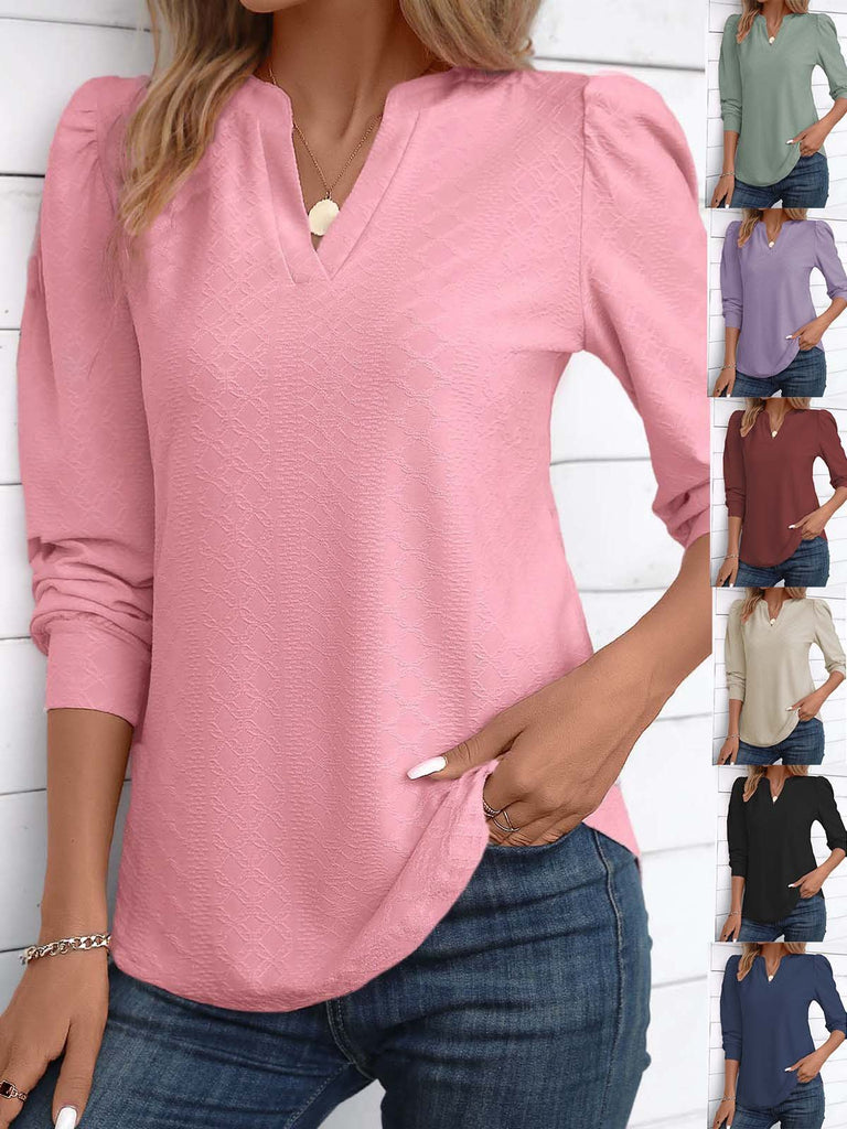 Loose Long Sleeve Notched Plain Fashion Regular Blouse