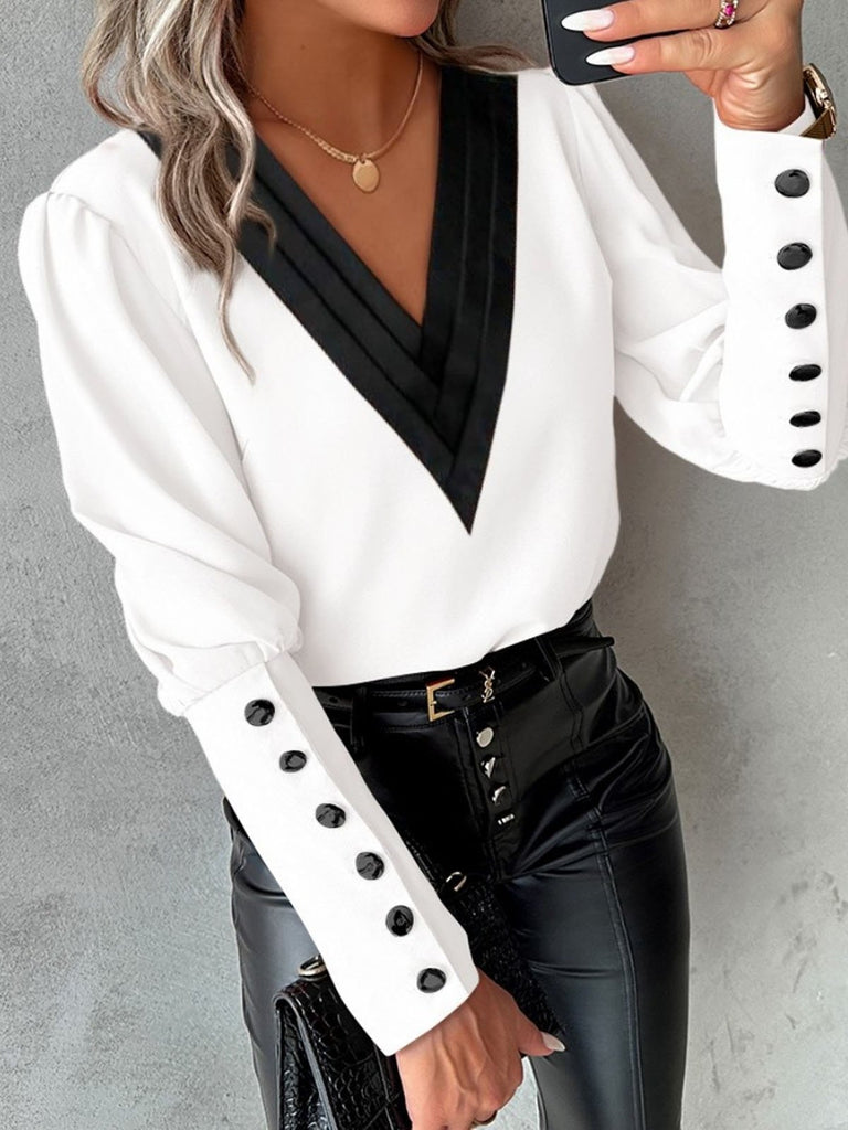 Fashion V Neck Long Sleeve Color Block Loose Regular Blouse
