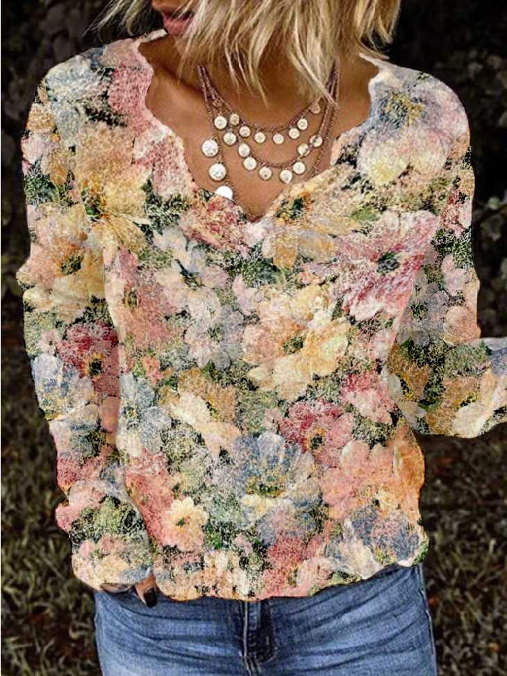 Loose V Neck Long Sleeve Floral Fashion Regular Blouse