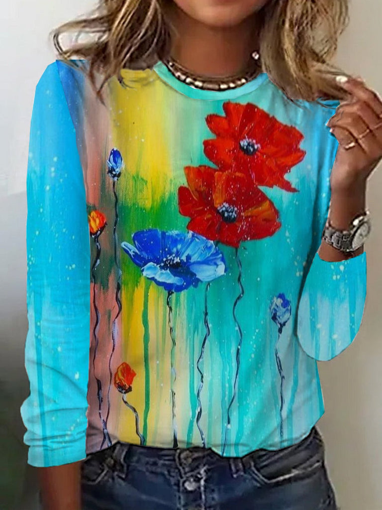 Fashion Crew Neck Long Sleeve Floral Casual Regular T-Shirt