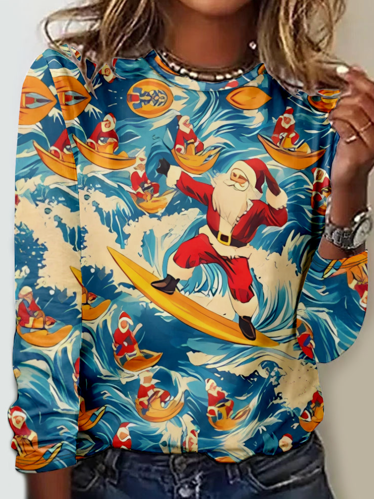 Fashion Crew Neck Long Sleeve Santa Claus Loose Regular T-Shirt