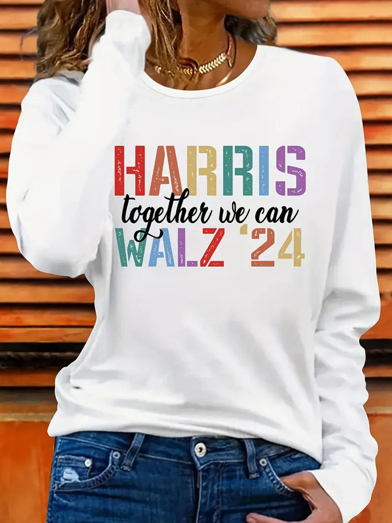 Fashion Crew Neck Long Sleeve Text Letters Loose Regular T-Shirt