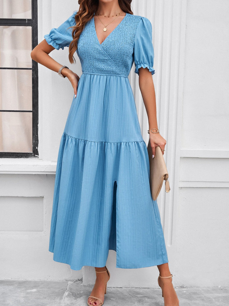Vacation V Neck Short Sleeve Plain Midi Dress
