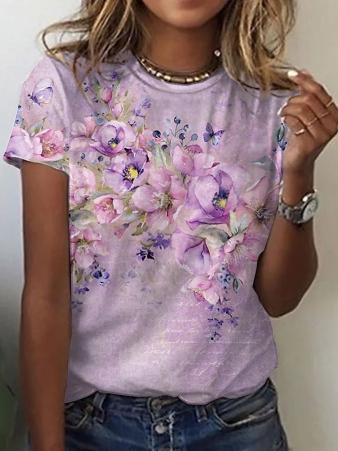 Fashion Short Sleeve Crew Neck Floral Casual Regular T-Shirt