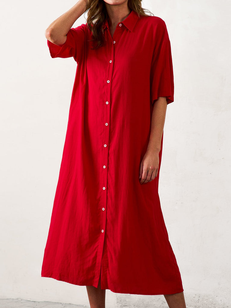 Fashion Half Sleeve Shirt Collar Plain Loose Maxi Dress