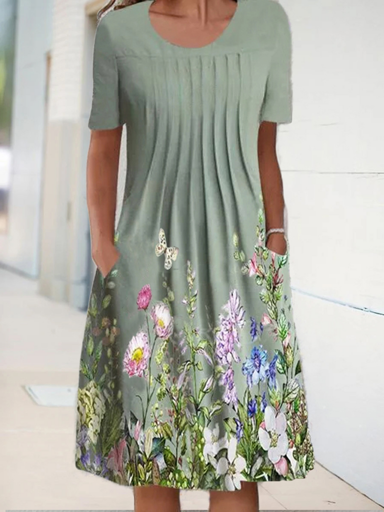 Fashion Short Sleeve Crew Neck Floral Pattern Midi Dress