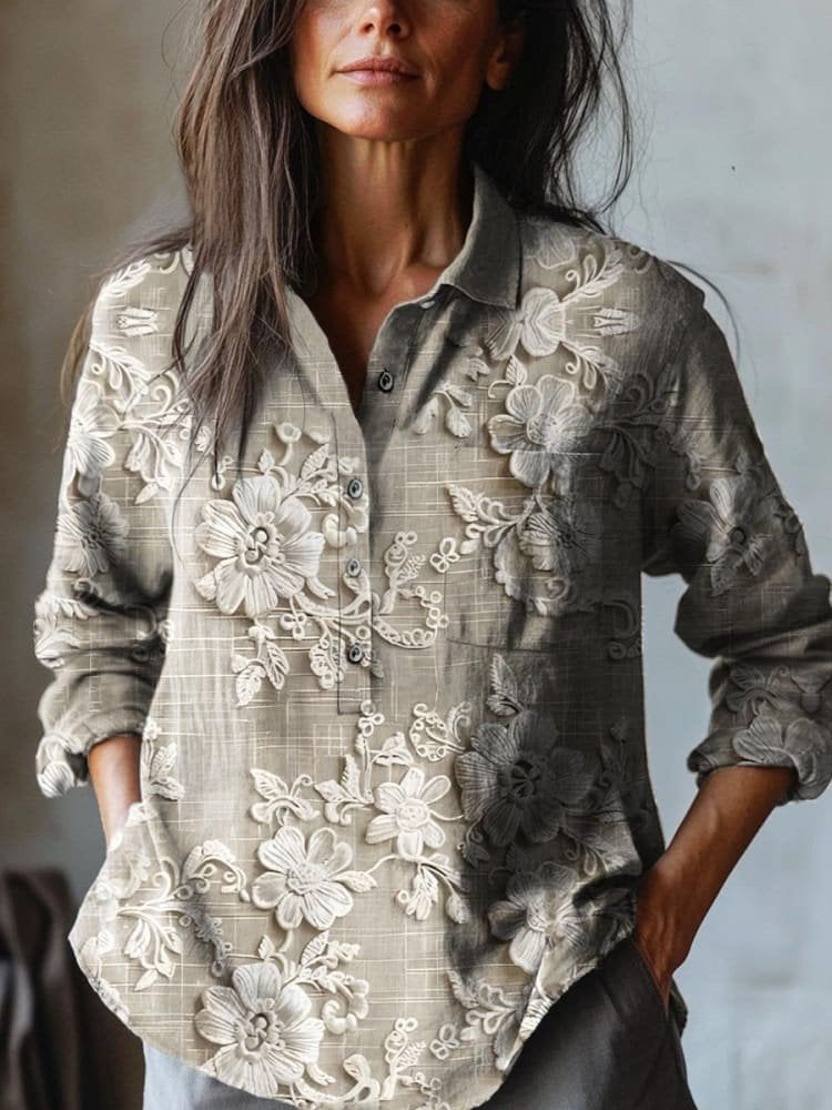 Long Sleeve Henley Collar Floral Regular Shirt