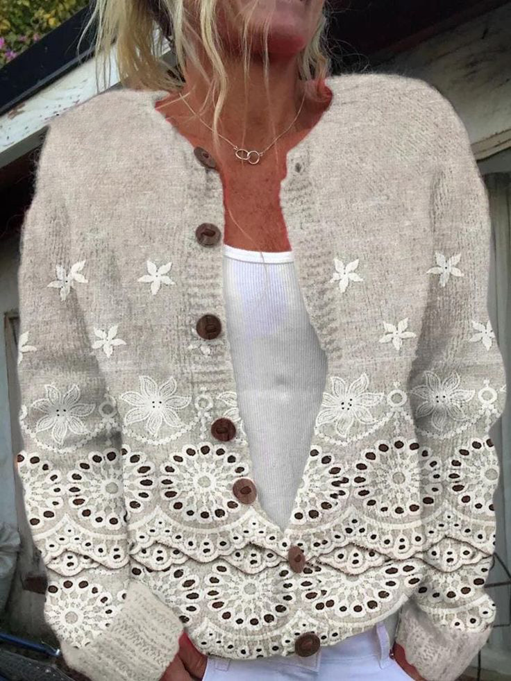 Loose Crew Neck Long Sleeve Floral Fashion Regular Jacket