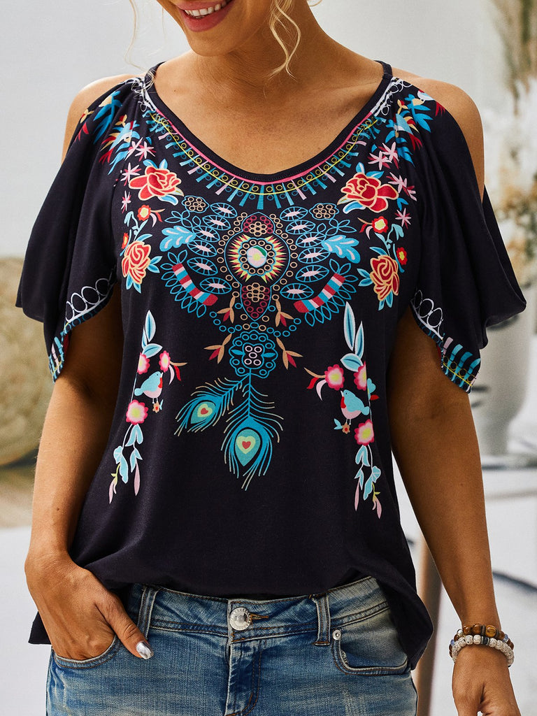 Fashion Short Sleeve Crew Neck Floral Regular Blouse