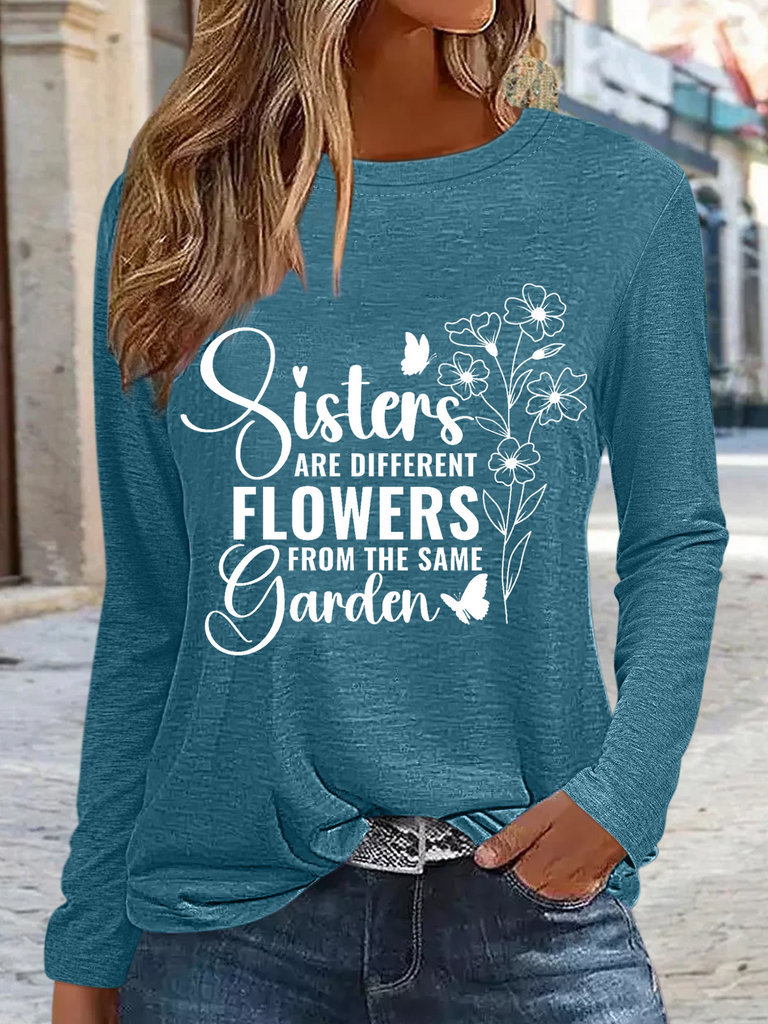 Simple Crew Neck Long Sleeve Text Letters Regular Blouse