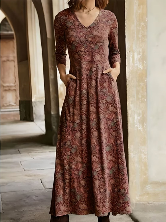 Fashion V Neck Long Sleeve Floral Maxi Dress