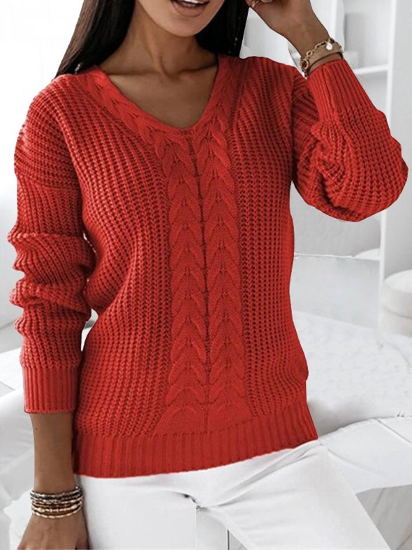 Fashion V Neck Long Sleeve Plain Loose Regular Sweater
