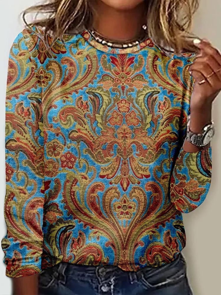 Fashion Crew Neck Long Sleeve Ethnic Casual Regular T-Shirt