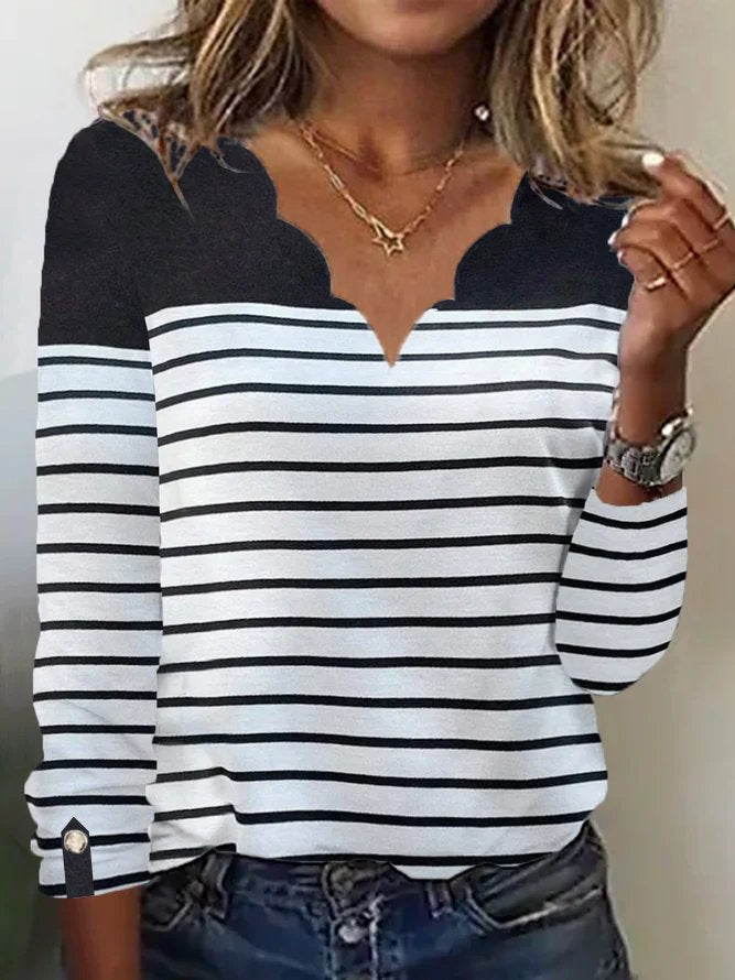 Loose V Neck Long Sleeve Striped Fashion Regular T-Shirt