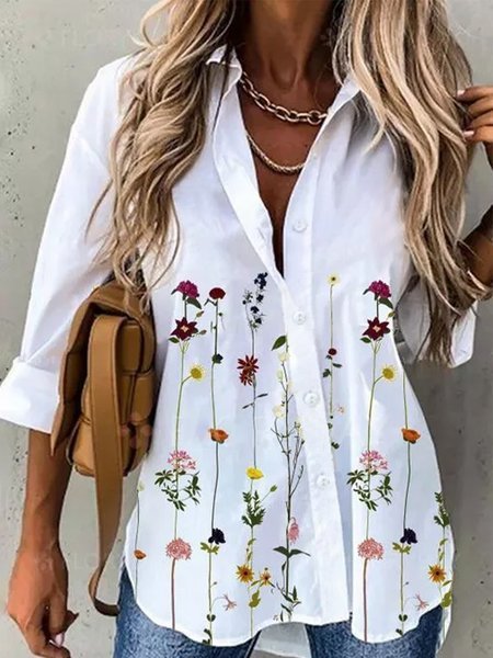 Loose Long Sleeve Shirt Collar Floral Fashion Regular Shirt