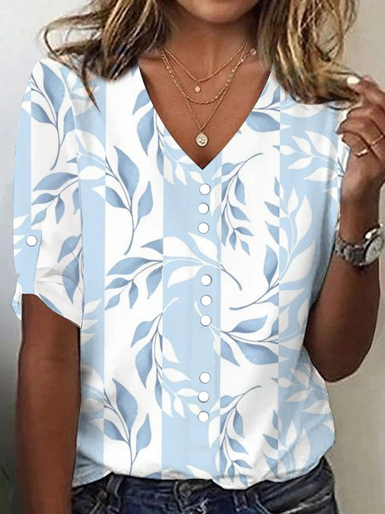 Fashion 3/4 Sleeve V Neck Leaf Casual Regular T-Shirt