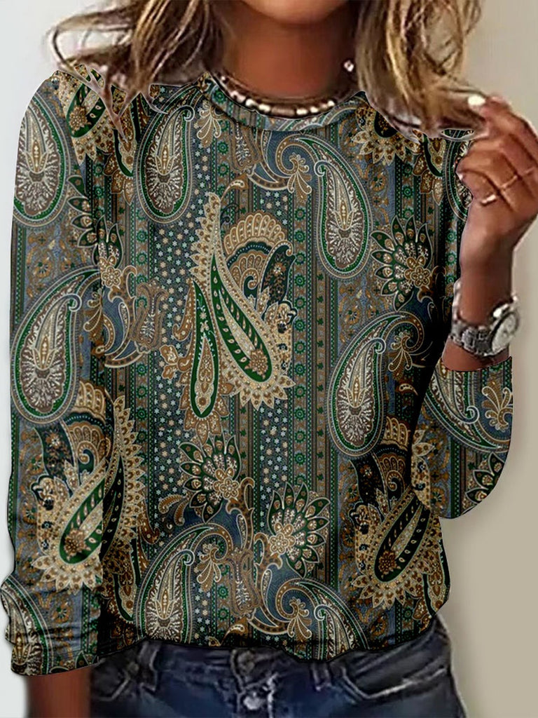 Vintage Crew Neck Long Sleeve Ethnic Loose Regular T-Shirt