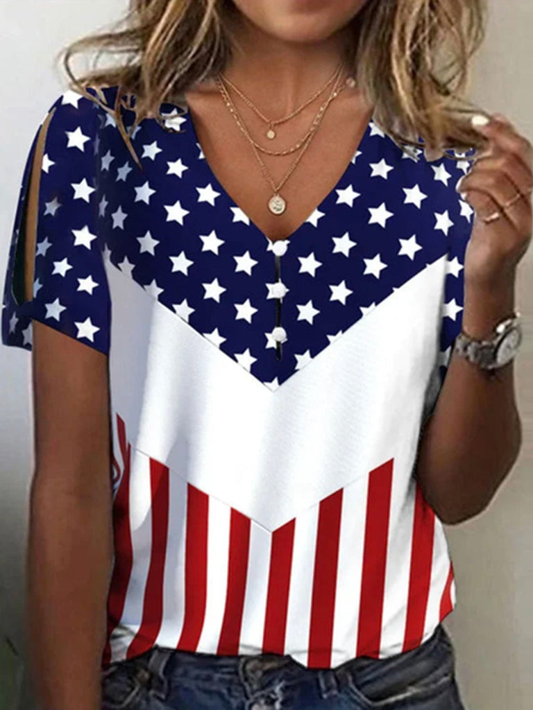 Loose V Neck Short Sleeve America Flag Fashion Regular Blouses