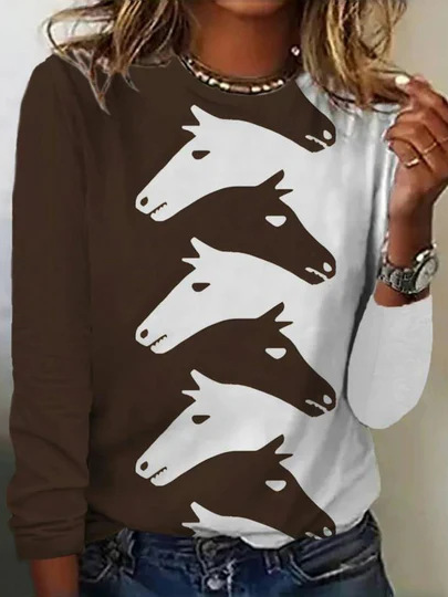 Fashion Crew Neck Long Sleeve Horse Casual Regular T-Shirt