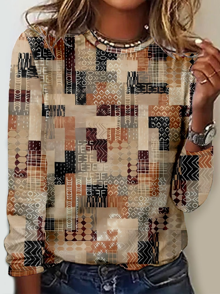 Fashion Crew Neck Long Sleeve Ethnic Casual Regular T-Shirt