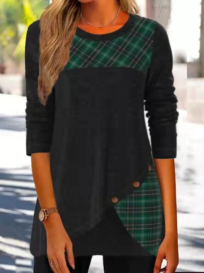 Loose Crew Neck Long Sleeve Plaid Fashion Mid-Long Blouses