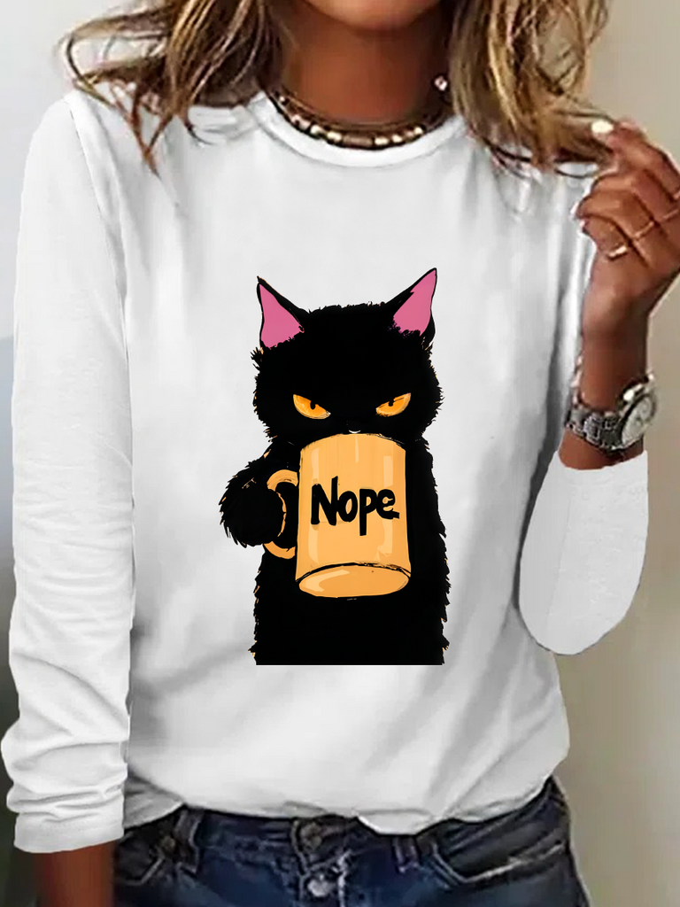 Fashion Crew Neck Long Sleeve Cat Casual Regular Blouses