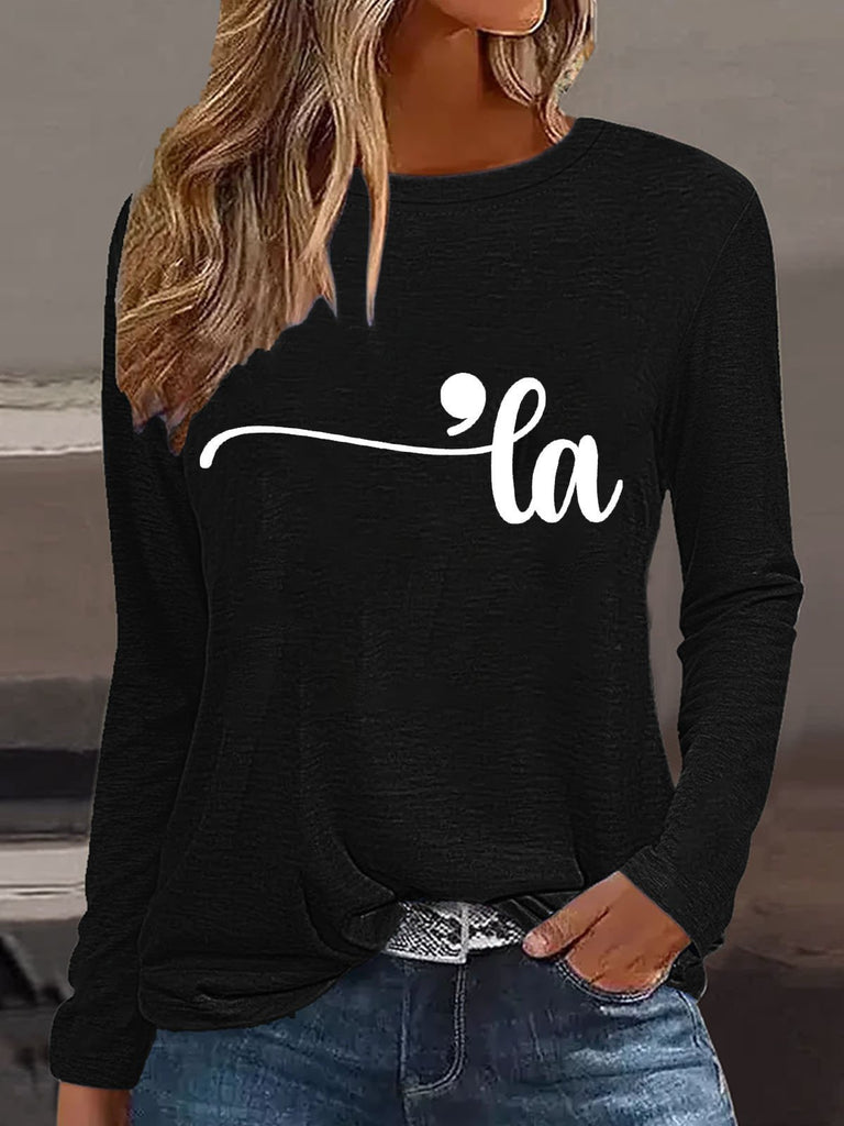 Fashion Crew Neck Long Sleeve Text Letters Loose Regular T-Shirt