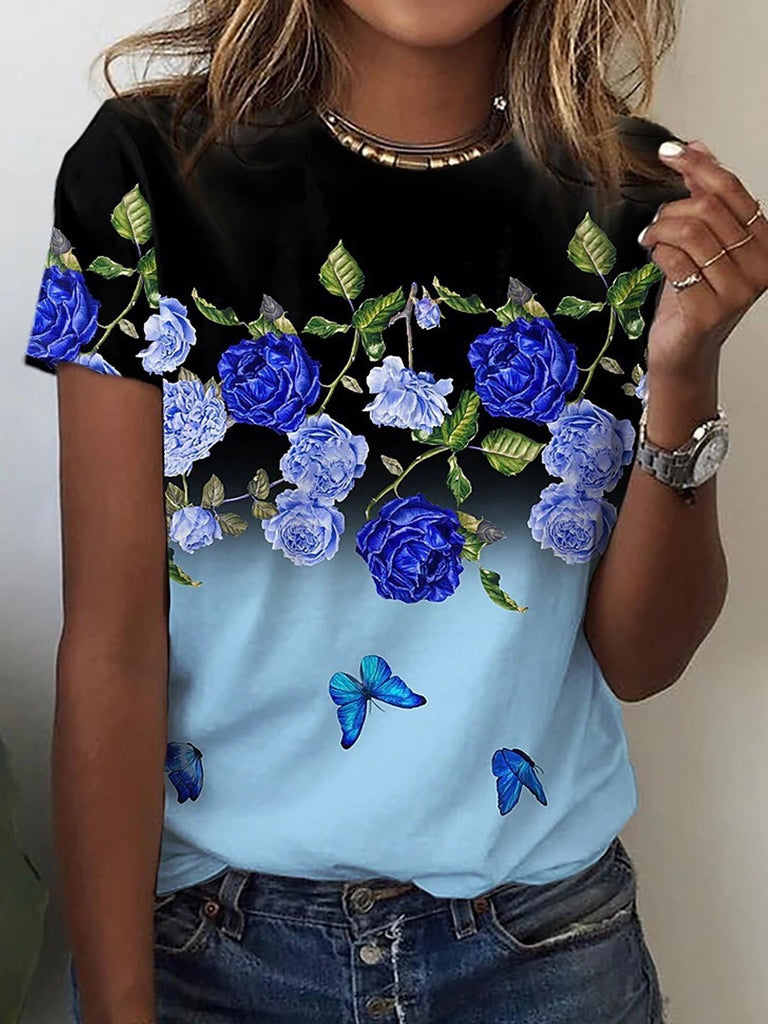 Casual Short Sleeve Crew Neck Floral Fashion Regular T-Shirt