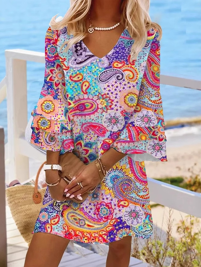 Fashion 3/4 Sleeve V Neck Ethnic Loose Short Dress