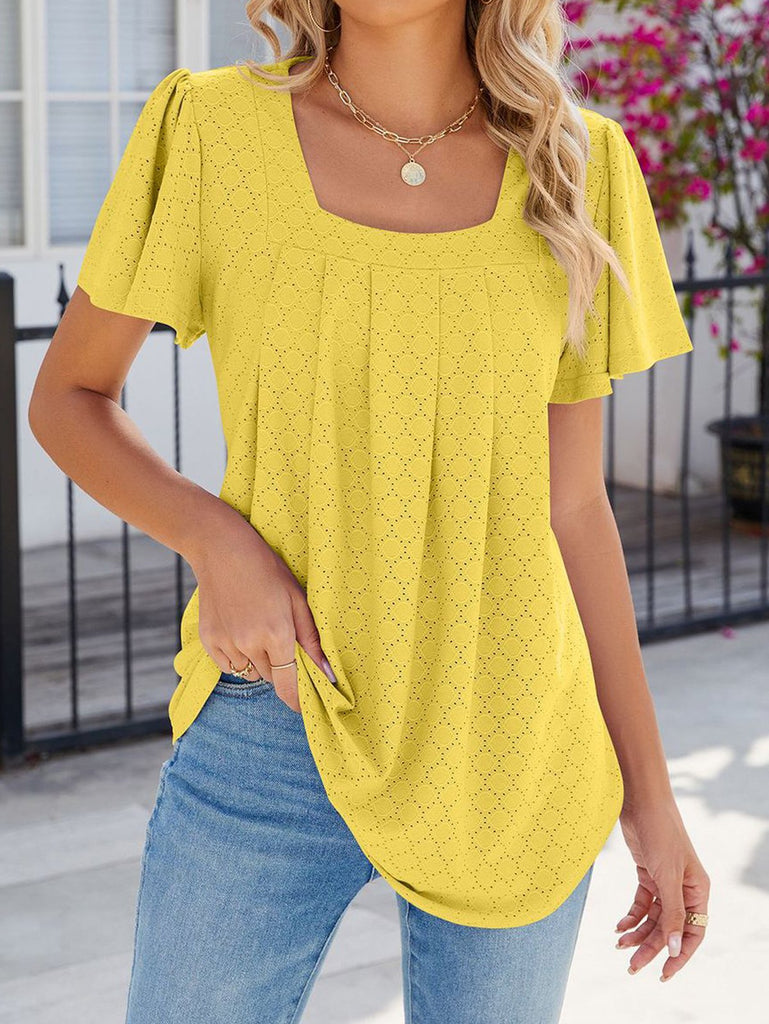 Loose Short Sleeve Square Neck Plain Fashion Regular Blouse