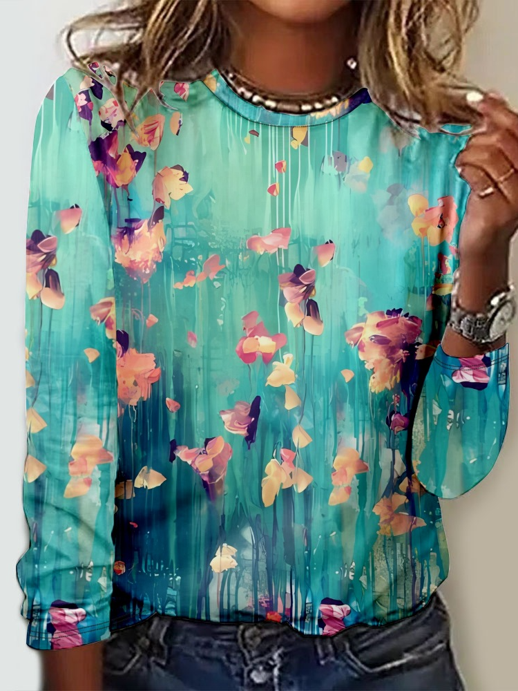Casual Crew Neck Long Sleeve Floral Fashion Regular T-Shirt