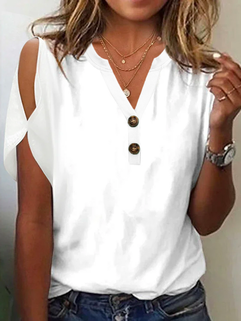 Loose Short Sleeve Notched Plain Fashion Regular Blouse