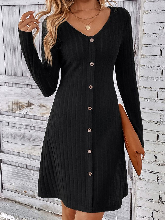 Fashion V Neck Long Sleeve Plain Buttoned Midi Dress