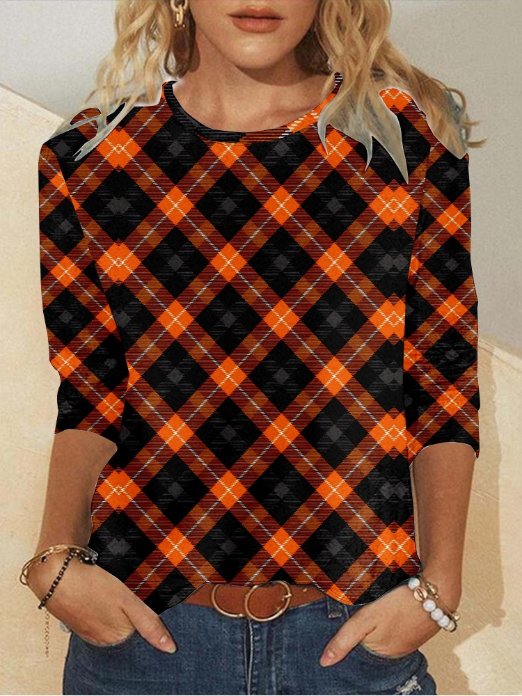 Fashion Crew Neck Long Sleeve Plaid Casual Regular T-Shirt