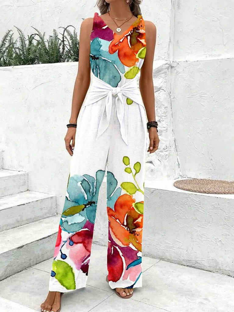 Loose V Neck Sleeveless Floral Fashion Long Jumpsuit