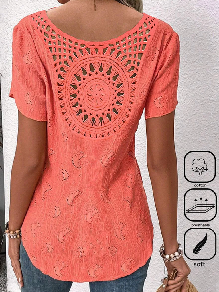 Loose Short Sleeve Notched Plain Fashion Regular Blouse