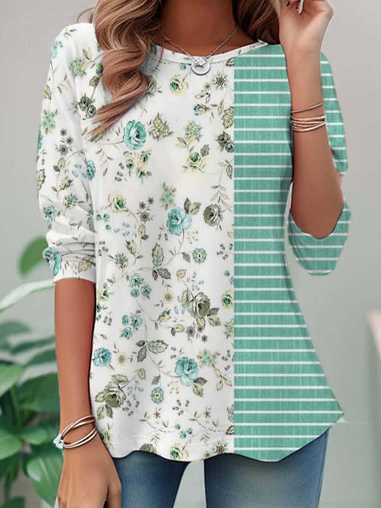 Casual Crew Neck Long Sleeve Floral Fashion Regular T-Shirt