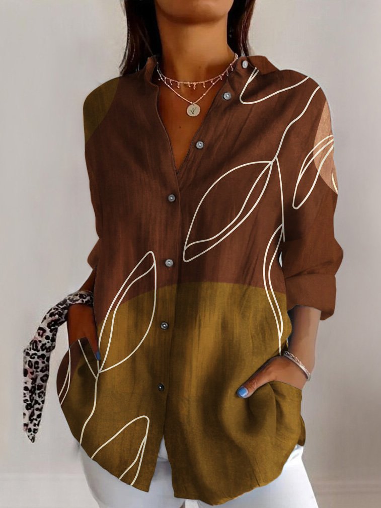 Fashion Long Sleeve Shirt Collar Geometric Regular T-Shirt
