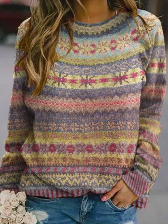 Simple Crew Neck Long Sleeve Ethnic Geometry Loose Regular Sweater