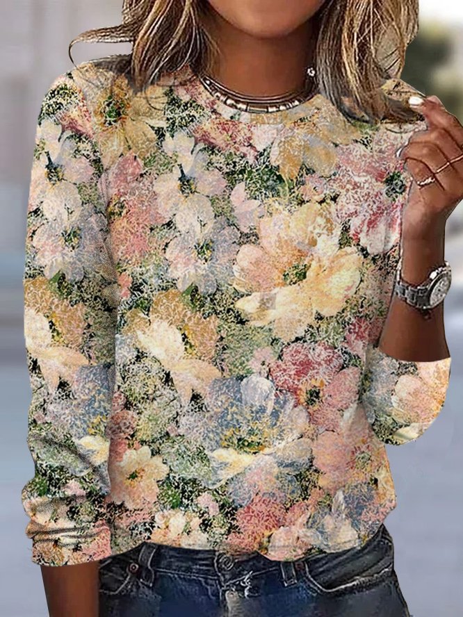 Fashion Crew Neck Long Sleeve Floral Casual Regular T-Shirt
