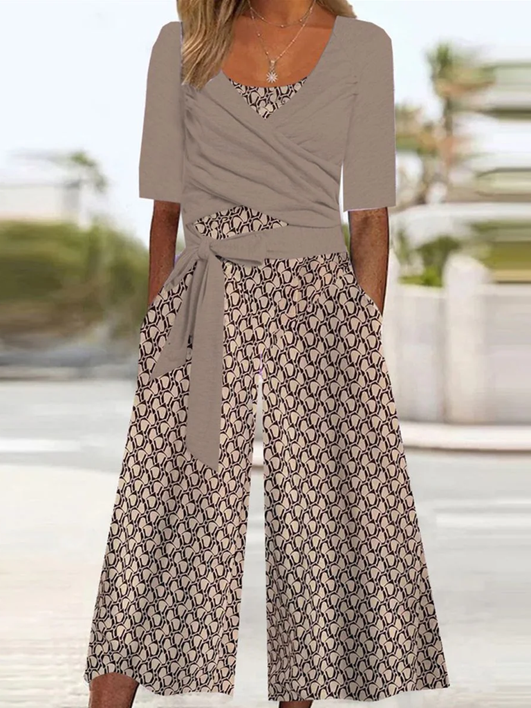 Loose Crew Neck Half Sleeve Geometric Fashion Jumpsuit