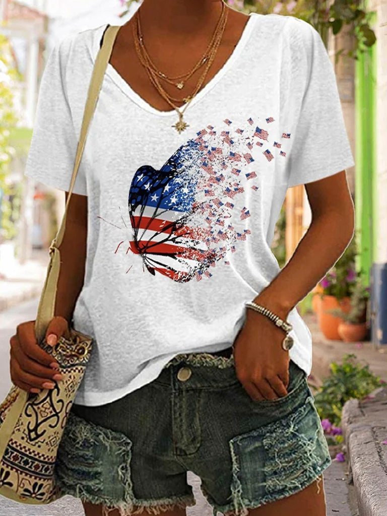 Casual V Neck Short Sleeve Butterfly Fashion Regular T-Shirt