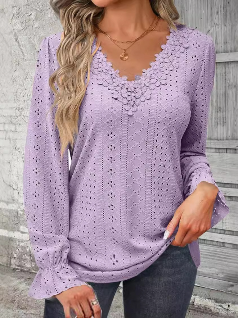 Fashion V Neck Long Sleeve Plain Regular Blouse