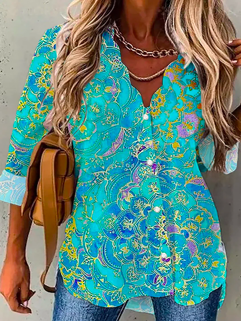 Fashion V Neck Long Sleeve Abstract Loose Regular Shirt