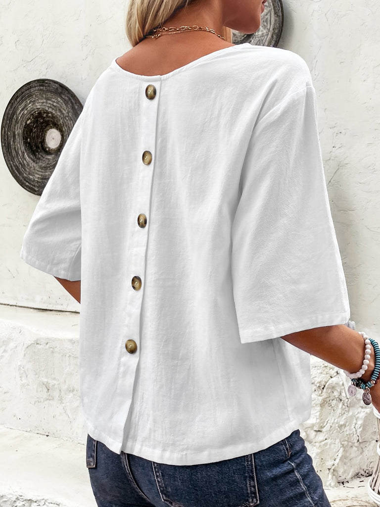 Loose Short Sleeve Crew Neck Plain Fashion Regular Blouse