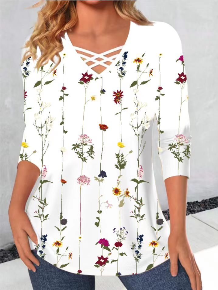 Fashion V Neck Long Sleeve Floral Loose Regular Blouse