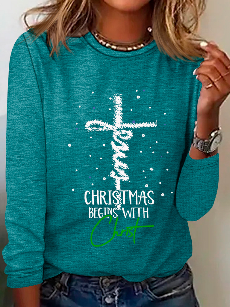 Loose Crew Neck Long Sleeve Christmas Fashion Regular T-Shirt